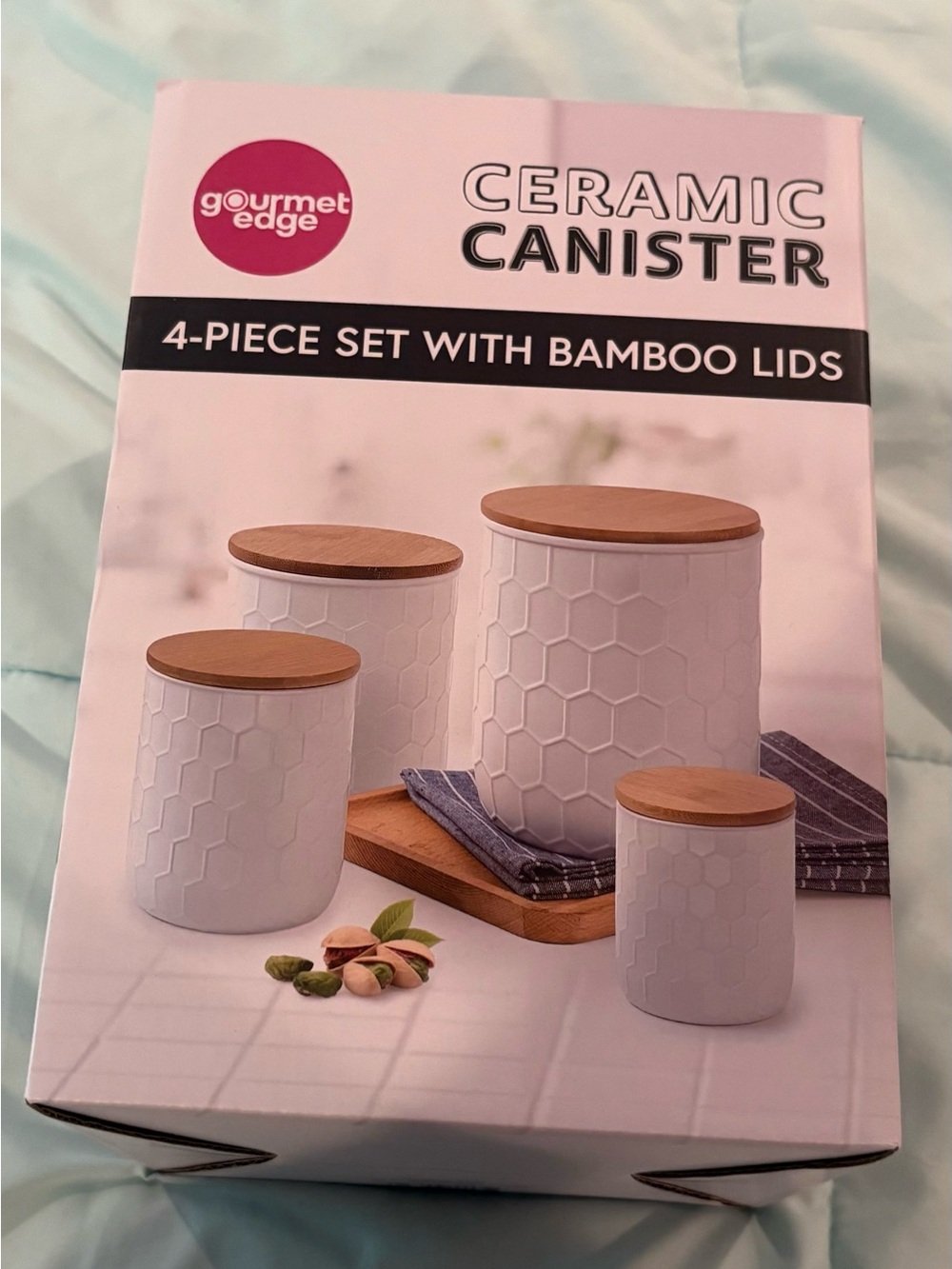 Gourmet Edge White Ceramic Canister Set with Bamboo Lids - 4-Piece